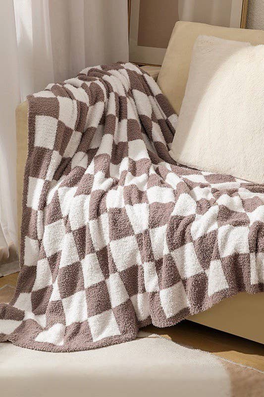 Tan Checkered Plush Blanket